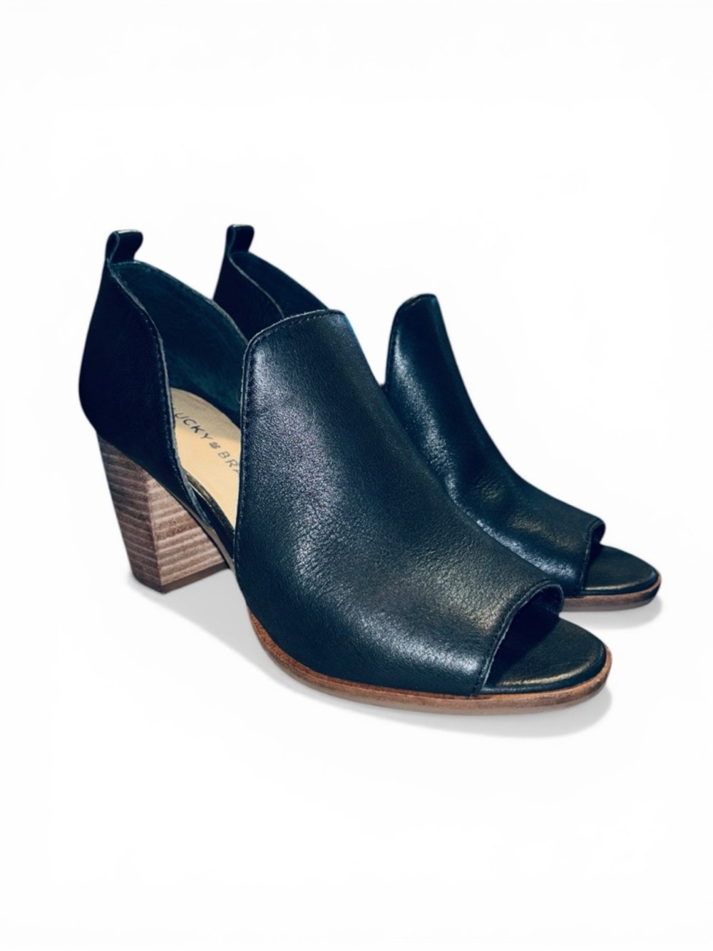 Lucky Brand Black Leather Junai D’Orsay Open Toe Slip OnHeels -Women’s Size 7.5